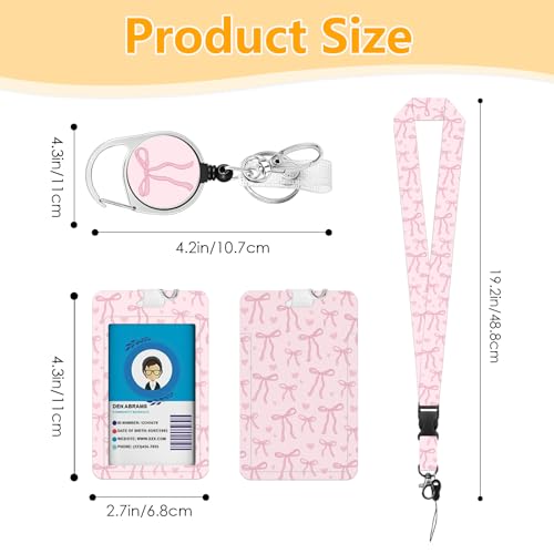 Bow Badge Holder with Lanyard, Beautiful Bow ID Badge Holder with Retractable Reel Clip and Keychain, Vertical Identity Card Cover Case Protector for Nurse Teacher - color: Bow-pink