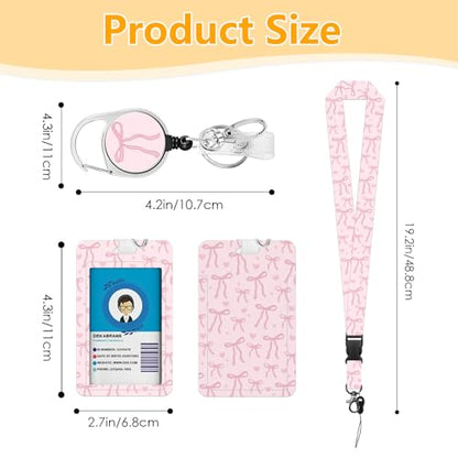 Bow Badge Holder with Lanyard, Beautiful Bow ID Badge Holder with Retractable Reel Clip and Keychain, Vertical Identity Card Cover Case Protector for Nurse Teacher - color: Bow-pink