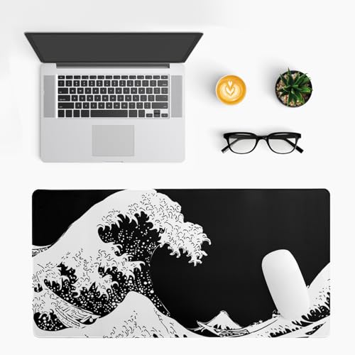 Japanese Sea Wave Large Mouse Pad, Abstract Black Gaming Mousepad, Extended Kanagawa Mat Desk Pad, 3mm Thick Long Non-Slip Rubber Base Mice Pad for Office and Home, 27.6x11.8 Inch - color: Sea Wave 2