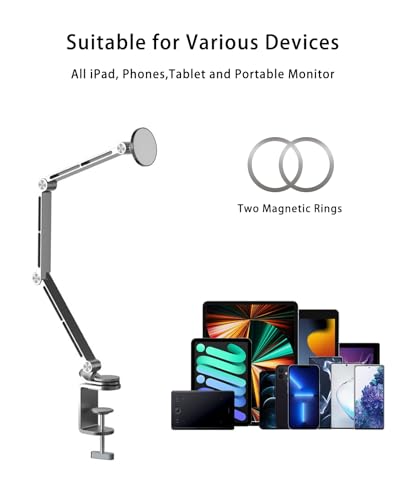 Magnetic Tablet Stand for Desk Aluminum Alloy Phone iPad Desk Holder Overhead Arm Mount with 360°Rotate Base for Magsafe/iPhone/Android/iPad (Magnetic Silver) - color: Magnetic Silver