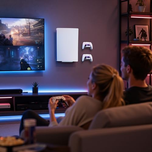 Wall Mount for PS5 with 2 Controller Holders, Sturdy Metal Console Holder Compatible with PlayStation 5, PS5 Slim, PS5 Pro Disc & Digital Editions, White