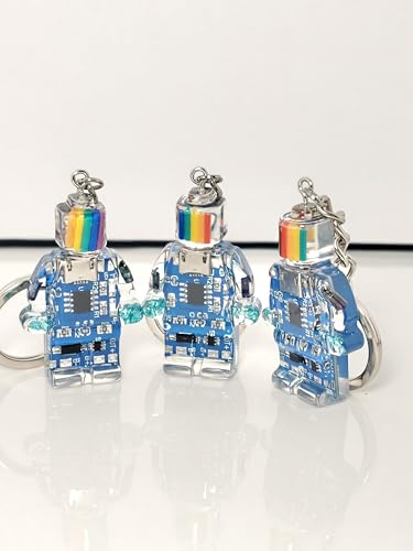 Upcycled Circuit Board Robot Keychain, Handmade Real PCB Resin Charm, Unique Cyberpunk Gift for IT - color: Blue