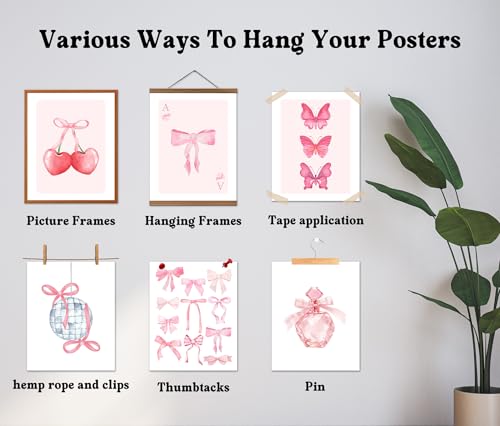 Isfvqyub Preppy Hot Pink Bow Wall Art, Aesthetic Coquette Butterfly Poster For Girl Women, Trendy Girly Cherry Disco Ball Wall Decor For Bedroom Dorm College Apartment, Set Of 6 -A10 - size: Hot Pink Butterfly