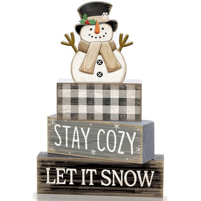 Yuntau 4 Pcs Winter Table Decorations Wooden Snowman Winter Tiered Tray Decor Rustic Block Signs Gift Farmhouse Christmas Centerpiece for Tables Party Kitchen Shelf Home - style: Let It Snow