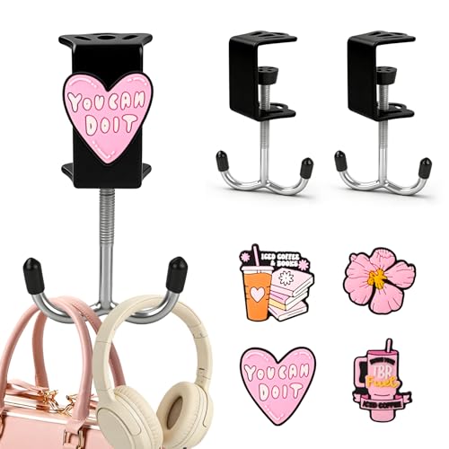 AULEEP 2 Pack Clamp-On Under Desk Bag Hook, Adjustable Purse Holder for Table with Cute DIY Stickers, 100 lbs Capacity Heavy-Duty Desk Organizer Hooks for Handbag, Backpack, Headphone, Black - color: Black