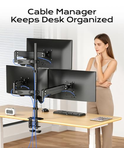 Pholiten Triple Monitor Mount, 3 Gas Spring Monitor Arms for Up to 32 inches Screens, Fully Adjustable Heavy Duty Triple Monitor Mount with Cable Management, Each Arm Holds 22 lbs - style: oversized 3 monitor mount