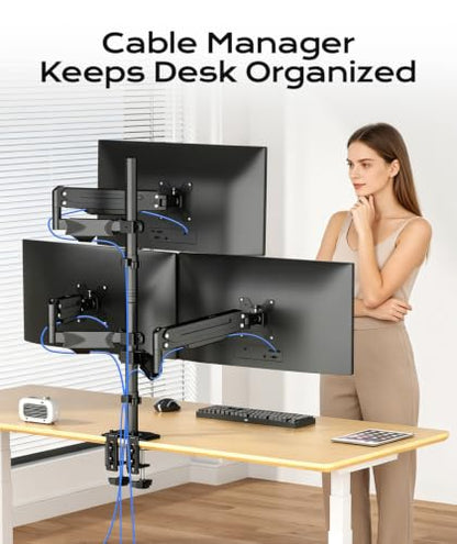 Pholiten Triple Monitor Mount, 3 Gas Spring Monitor Arms for Up to 32 inches Screens, Fully Adjustable Heavy Duty Triple Monitor Mount with Cable Management, Each Arm Holds 22 lbs - style: oversized 3 monitor mount