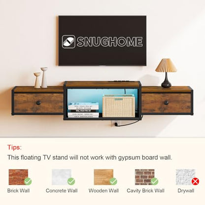 Snughome Floating TV Stand with Power Outlet 55", Wall Mounted Entertainment Center with LED Lights, Floating TV Shelf with Drawer, Wall Mounted Media Console Shelf for Living Room, Bedroom - color: Rustic Brown, size: 55.12" x 11.02" x 6.5"
