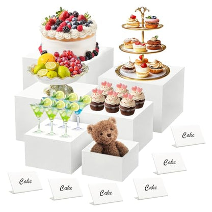 6Pcs White Acrylic Buffet Risers with 6 Mini Signs, Nesting Food Display Stands for Buffet Table with Hollow Bottoms for Parties, Weddings, Desserts, and Collectibles (8"-7"-6"-5"-4"-3")