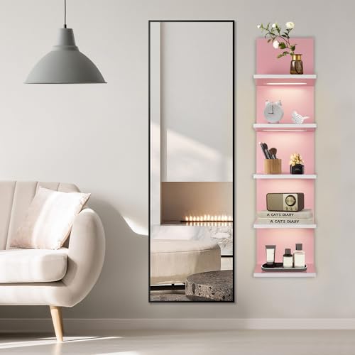5 Tier Pink Wall Shelf Unit, Pink Shelves, Wall Shelves for Bathroom,Bedroom, Vanity Shelves, Wall Mount Vertical Lack Shelf with led - color: Pink