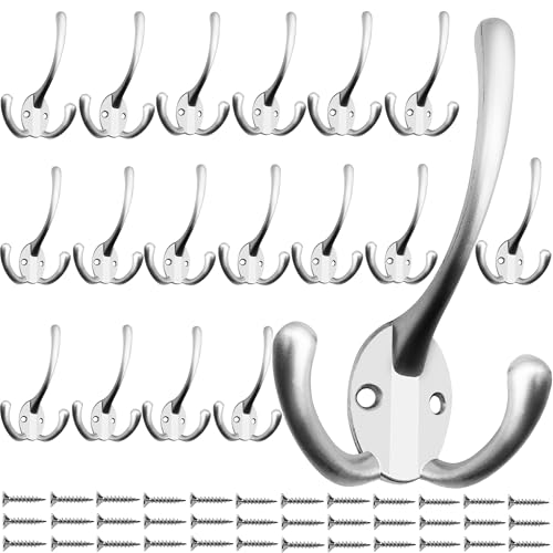 IBosins 18 Pack Big Heavy Duty Three Prongs Coat Hooks Wall Mounted with 36 Screws Wall Hooks Retro Double Utility Rustic Hooks for Coat, Backpack, Towel, Robe - color: 18 Pcs Matte Nickel