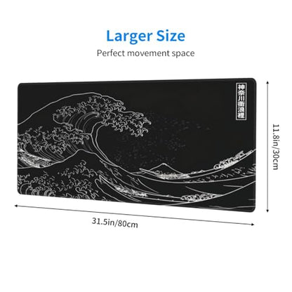 Japanese Gaming Mouse Pad Black Mouse Pad Kanagawa Large Mousepad Non-Slip Rubber Base Waterproof with Stitched Edges for Gaming Office Home, 31.5x11.8x0.12 Inch (Black Wave) - color: Kanagawa Wave, size: 31.5Lx11.8W inches