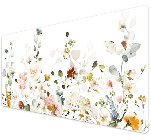 French KOKO Desk Mat, Large Desk Pad Large Mouse Pad Cute Desk Accessories Home Office Essentials XL Desk Mat Desk Pad Keyboard Mouse Desk Pads Computer Cute Women Girls (Floral White, 36" x 16.5") - color: Floral White, size: 16.5" x 36"