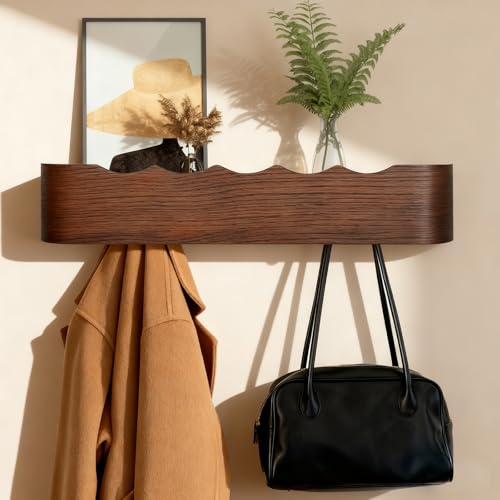 Coat Rack Wall Mount with Shelf Entryway Shelf Modern Key Holder Hanger Wall Shelves with Hidden Hooks for Hanging Towels Coats Hats Bags for Hallway Bathroom Bedroom(Wavy Walnut Color, 5 Hooks) - color: Wavy Walnut Color, size: 5 hooks