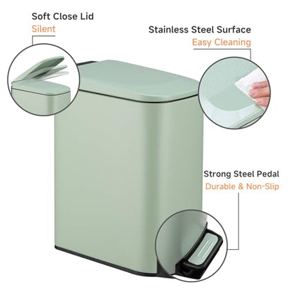 TIPGO Slim Bathroom Trash Can with Lid Soft Close, 6 Liter / 1.6 Gallon Stainless Steel Garbage Can with Removable Inner Bucket, Step Pedal, Small Trash Cans for Bedroom, Office, Kitchen (Green) - color: Green