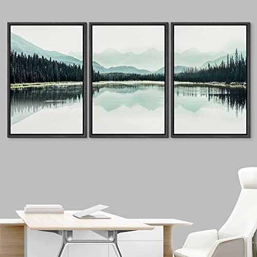 NWT Framed Canvas Print Wall Art Set Teal Mountain Range Lake Forest Landscape Nature Wilderness Modern Art Rustic Scenic Relax/Calm for Living Room, Bedroom, Office - 16"x24"x3 Black - color: A02-2203-fo17, size: 16" x 24" x 3 Panels BLACK