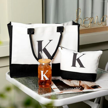 Aliceset Initial Gifts for Women Monogram Canvas Tote Bag and Makeup with Zipper and Initial Glass Coffee Cup Gifts for Her - style: Letter K