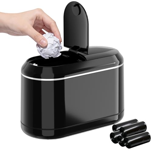 PAVSTINE Mini Trash Can for Desk with 5 Rolls Trash Bags, Black Half-Lid | Space-Saving Small Press-Top Countertop Garbage Bin, Easy Move, Removable Vintage Stylish Waste Basket for Vanity/Table - color: Black Half-Lid