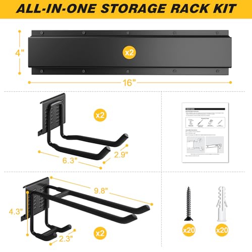 UUP 32 Inches Garage Storage, Garage Organization, Wall Mount Garden Tool Organizer, Max 300lbs Adjustable Metal Hooks, Yard Shed Hanging Rack, Heavy Duty Shelving for Rake Broom Mop Snowboard - size: 32" Alloy Steel with 2 Panels & 4 Hooks