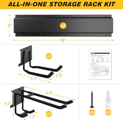 UUP 32 Inches Garage Storage, Garage Organization, Wall Mount Garden Tool Organizer, Max 300lbs Adjustable Metal Hooks, Yard Shed Hanging Rack, Heavy Duty Shelving for Rake Broom Mop Snowboard - size: 32" Alloy Steel with 2 Panels & 4 Hooks