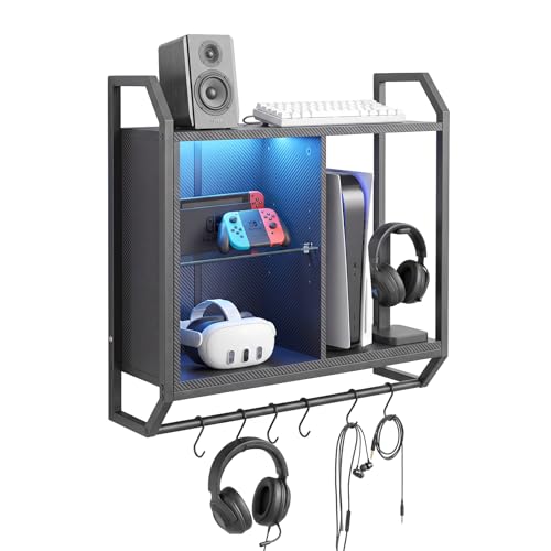 Gaming Floating Wall Shelves with Led Lights, Wall Mounted Shelf, 24" Led Lights and Adjustable Glass Bar Wine Shelf, Black Wall Shelf with 6 Hooks for Gaming Room Bedroom Living Room