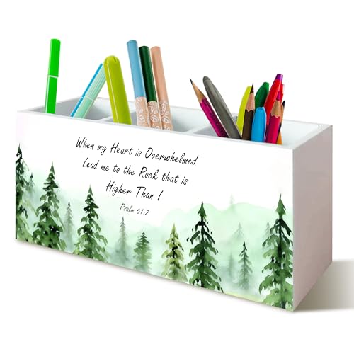 Inspirational Christian Woods Pen Holder for Desk, Christian Religious Gifts for Women Men, Psalm 61:2 Bible Verses Wooden Pen Pencil Holder Organizer for Home Office Desk Accessories - color: bible