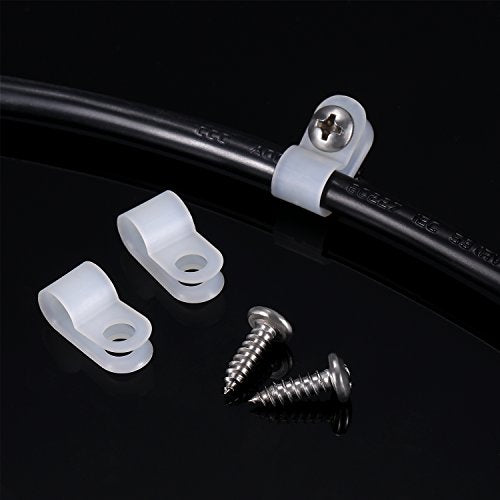 Hicarer 50 Pack R-Type Cable Clip Wire Clamp, Nylon Screw Mounting Cord Fastener Clips with 50 Pack Screws for Wire Management (White,1/4 Inch) - color: White, size: 1/4 Inch