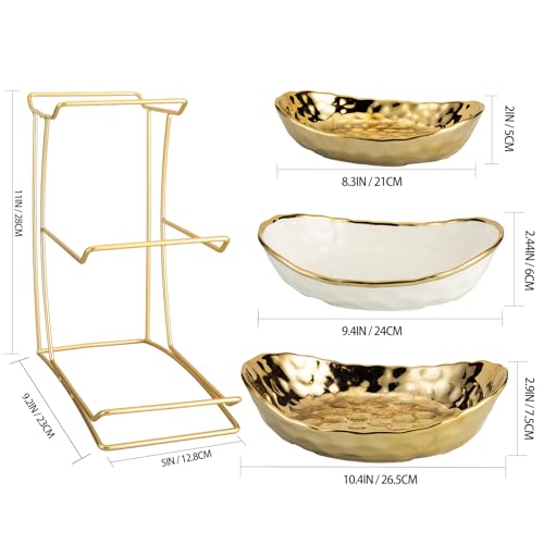 3-Tier Gold Fruit Bowl & Tray with Metal Stand - Ceramic White, Triple Layer for Snacks, Nuts, Bread & Candy Storage - color: A gold triple layer