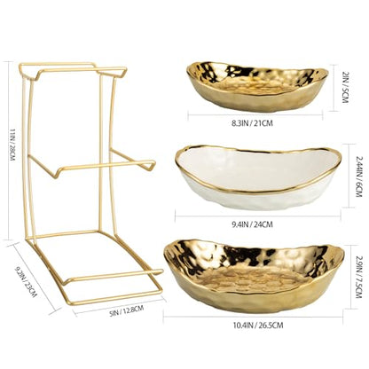 3-Tier Gold Fruit Bowl & Tray with Metal Stand - Ceramic White, Triple Layer for Snacks, Nuts, Bread & Candy Storage - color: A gold triple layer