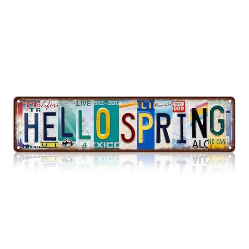 Vintage Hello Spring Metal Tin Signs Wall Decor | Man Cave Street Signs 16 x 4 Inches - color: Hello Spring