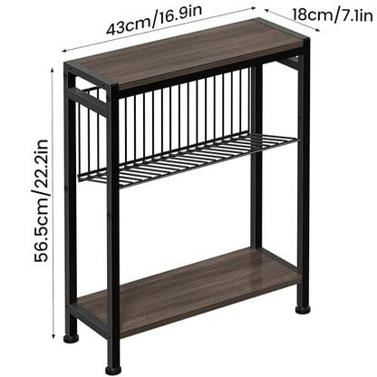 Side Table for Small Space, 3-Tier Narrow End Tablewith Magazine Holder,Slim Nightstand, Skinny Snack Couch Table in Living Room, Bedroom Study and Balcony(Ash Brown) - color: Ash Brown