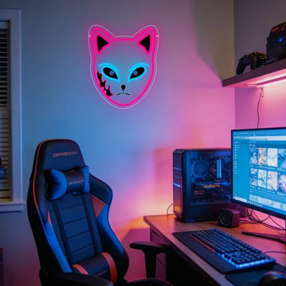 Anime Neon Sign, Japanese Led Neon Light Signs for Wall Decor Fox Face Light up Sign for Bedroom Game Room Party Decoration Birthday Gift for Girl Christmas Dimmable USB Powered(13.8"*11.4") - style: MASK PINK