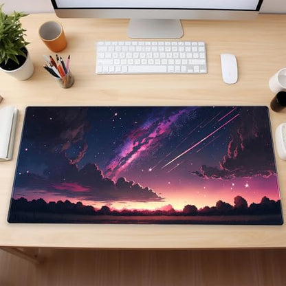 Anime Galaxy Desk Mat, Large Gaming Mouse Pad 31.5x15.7x0.12 in for Gamer | Thick 3mm comfort desk pad with vibrant anime starry night print, smooth fabric surface, and non-slip rubber backing. - color: Purple-sky