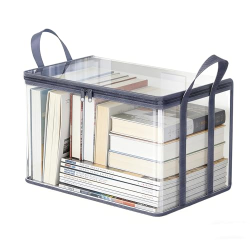 Clear Book Storage Bag with Reinforced Handles - Heavy Duty Plastic Comic Book Organizer & DVD Storage Bin - Collapsible Media Tote with Zipper Lid for Books, Journals and Albums - 15" x 9.5" x 12.5" - color: Gray, size: 1-Pack