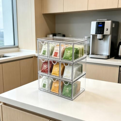 Prsildan Craft Art Supply Organizer Stackable Storage Drawer with 9 Drawers | Clear Acrylic, Tea Bag K Cup Organizer, for Kitchen Office Desk Vanity Makeup Organizer, 3 Pack - style: Style3-9Drawers