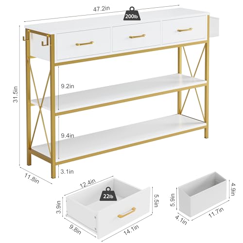 HITHOS 47.2" Console Table with 3 Drawers, Narrow Long Entryway Table with 3-Tier Storage Shelves, Industrial Sofa Foyer Table for Living Room, Hallway, Entry Way, Foyer, Kitchen, White/Gold - size: 47.2"