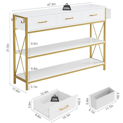 HITHOS 47.2" Console Table with 3 Drawers, Narrow Long Entryway Table with 3-Tier Storage Shelves, Industrial Sofa Foyer Table for Living Room, Hallway, Entry Way, Foyer, Kitchen, White/Gold - size: 47.2"