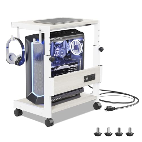 Computer Tower Stand with Charge Station and USB Charging Port - Height Adjustable PC Tower Stand, Under Desk CPU Holder Cart with Locking Caster Wheels for Fits Most PC - color: White