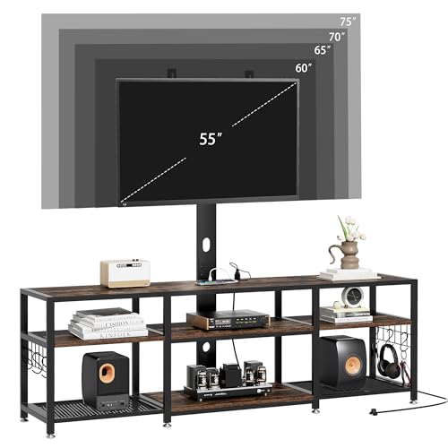 VECELO TV Stand with Mount and Power Outlet, Height Adjustable Entertainment Center with Storage Shelves for 32/55/65/70/75 inches Televisions, Console Table for Living Room, Bedroom, Rustic Brown - color: Rustic Brown, size: 63 Inch