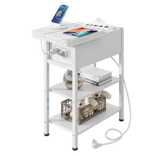 WLIVE End Table with Charging Station, Flip Top Side Table with Storage Shelf, Sofa Couch Table with USB Ports and Outlets, Narrow Bedside Table for Living Room, Bedroom ,11.81"D x 23.62"W x 24.33"H - color: White