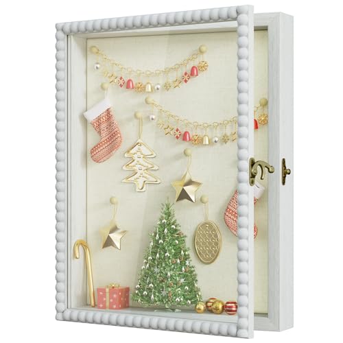 Love-KANKEI Shadow Box Frame 11x14, Deep Large Shadow Box Display Case with Unique Beads Door and Glass Window, Wood Memory Box for Pictures,Medals,Memorabilia,Collections White - color: White, size: 11x14
