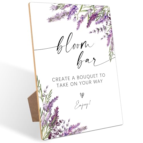 Bloom Bar Sign, Lavender Bridal Shower Decorations, Wedding Reception Table Decorations, Engagement Party Decor, Purple Floral Wooden Sign with Stand for Wedding Reception And Bridal Party Decor, 18 - color: Bloom Bar18