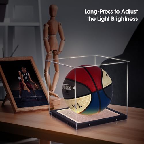 Basketball Display Case with LED Light Clear Acrylic Basketball Display Box, Display Holder for Autographed Basketball, UV Protection Dust Proof Memorabilia Display Case - size: 11.2"x11.2"x11"