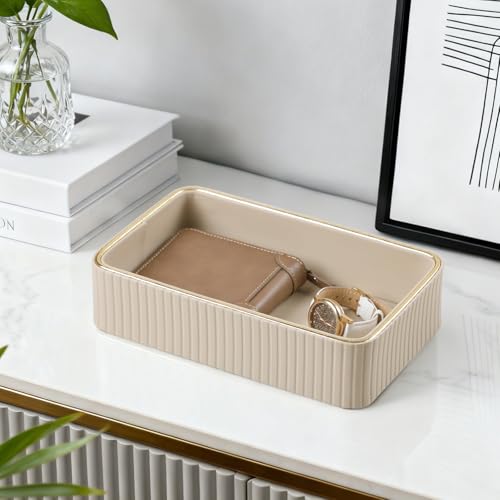 Desk Organizer Tray, PU Leather Nightstand Organizer Perfume Valet Tray for Men Women, Decorative Vanity Trays Trinket Dish Key Bowl for Entryway Bedside Table (Beige, Small) - color: Beige, Small