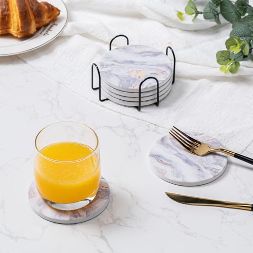 Hoewina 6Pcs Drink Coasters with Holder, Marble Style Ceramic Drink Coaster, Absorbent Coasters Set Suitable for Kinds of Cups, Modern Style Coasters for Coffee Table, 4 Inches（Style 8） - color: Style 8