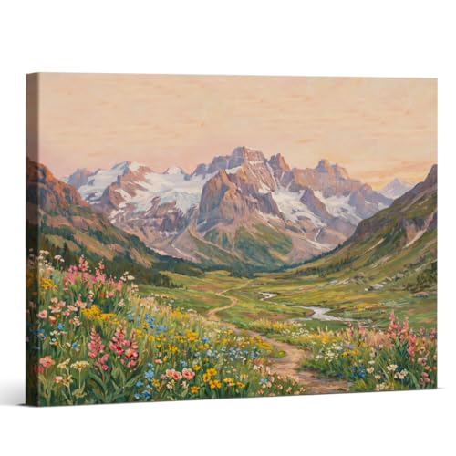 Vintage Wildflower Mountain Wall Art Print Floral Field Landscape Canvas Painting Artwork Aesthetic Wall Decor for Home Farmhouse Living Room Bedroom 8x10 Framed
