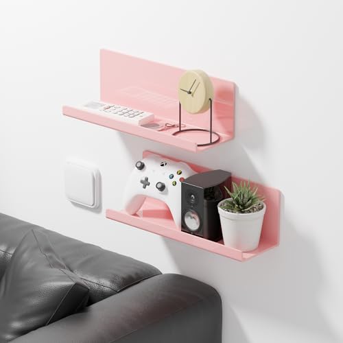 PAVSTINE Adhesive Floating Shelves for Wall No Drilling, 12 Inch Acrylic Self Adhesive Shelves, Stick on Shelves, Dorm Wall Shelf, for Bathroom, Kitchen, Bedroom, Office, Gaming Room, Pink - color: Pink