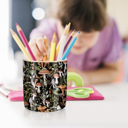 Pen Pencil Holder for Desk, Ceramic Pen Cup Cute Makeup Brush Holder, Unique Desk Multifunctional Pens Organizer for Home, Office, Mushrooms Pattern - color: Mushrooms Pattern
