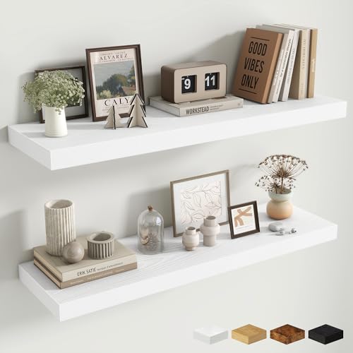 Fun Memories Floating Shelves Set of 2, 36 Inch Long Wooden Wall Shelves, 10 Inch Deep Wall Mounted Storage Shelf with Metal Brackets for Living Room, Bathroom, Bedroom and Kitchen, White - color: Modern White, size: 36W x 10D x 1.5H