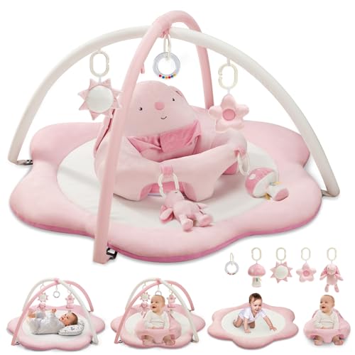 suihuooo 3-in-1 Baby Play Mat, Baby Seats for Infants for Sitting Up, Tummy Time Mat with 5 Detachable Toys, Activity Gym & Playmats for Babies 0-6 6-12 Months, Newborn Babies Shower Gifts - color: Pink